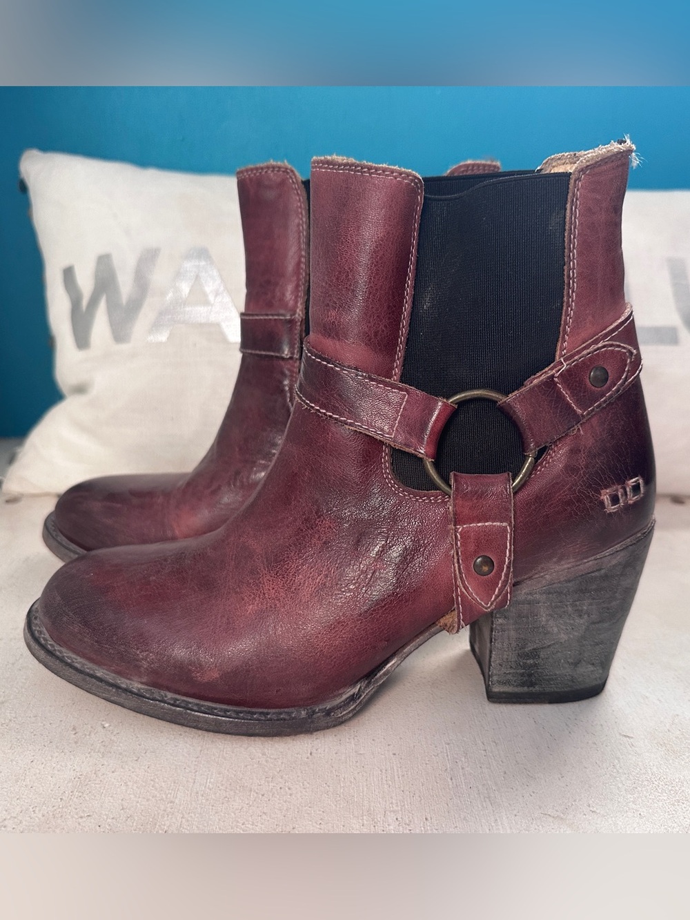 Bed Stu Burgundy Leather Ankle Boots with Ring Strap